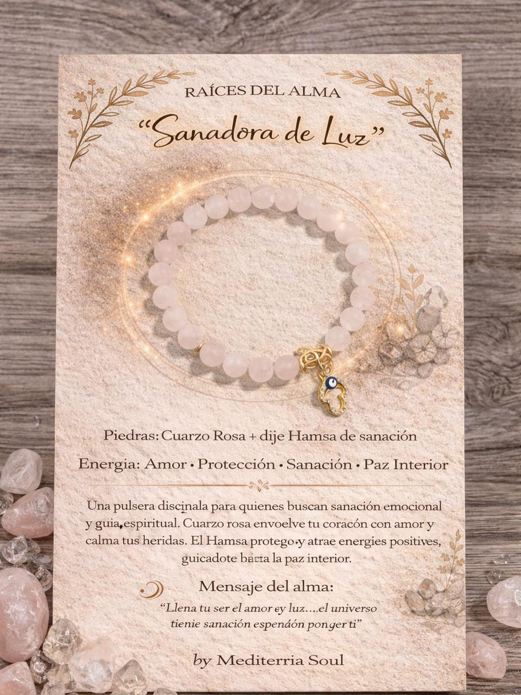 Sanadora de Luz / Pulsera de Cuarzo Rosa y Hamsa 8mm