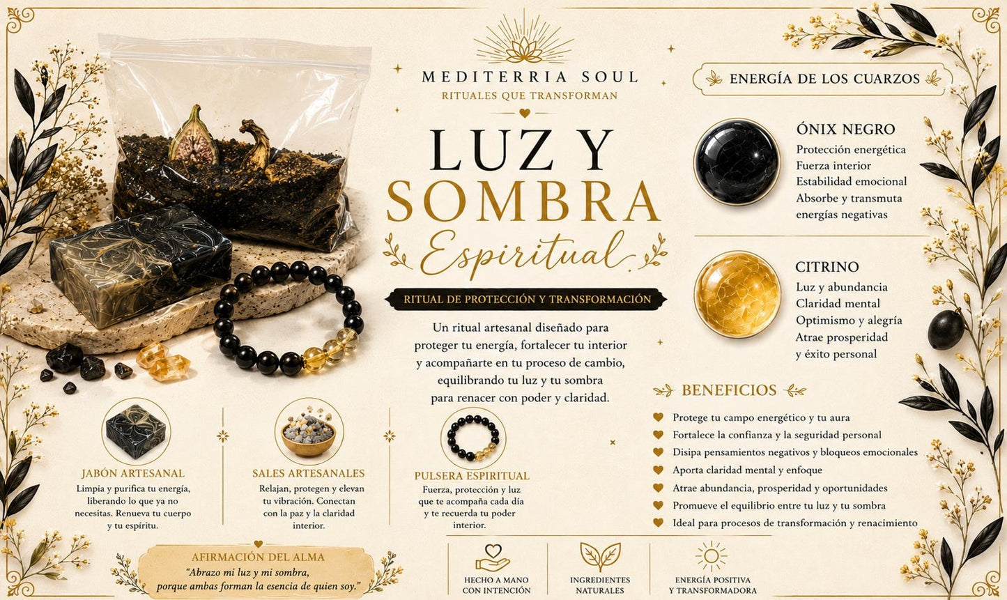 Kit Luz y Sombra / Pulsera 8mm + Jabon 8oz + Sales Artesanales 8oz