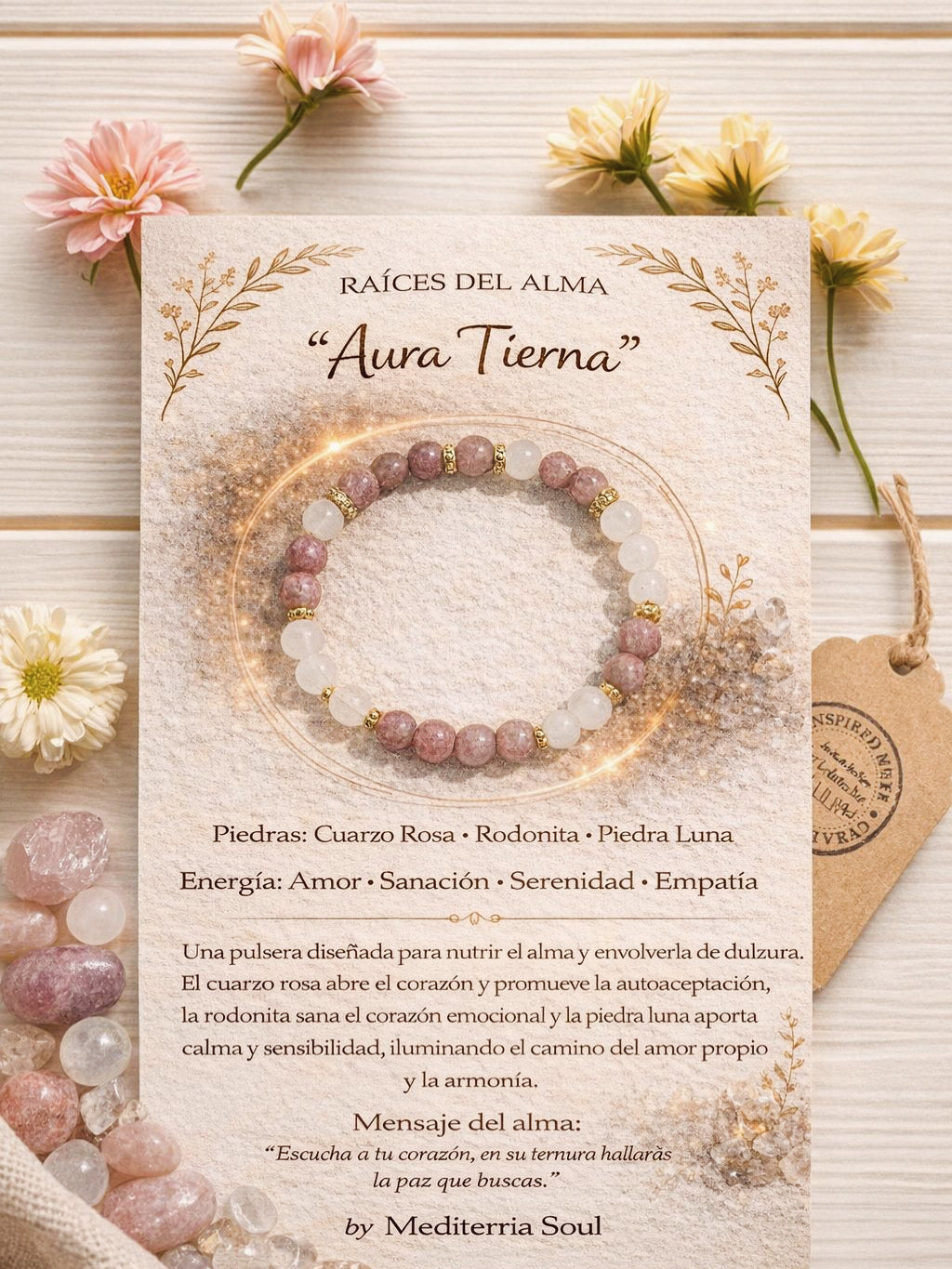 Aura Tierna, Pulsera de Cuarzo Rosa, Rodonita y Piedra Luna 8mm