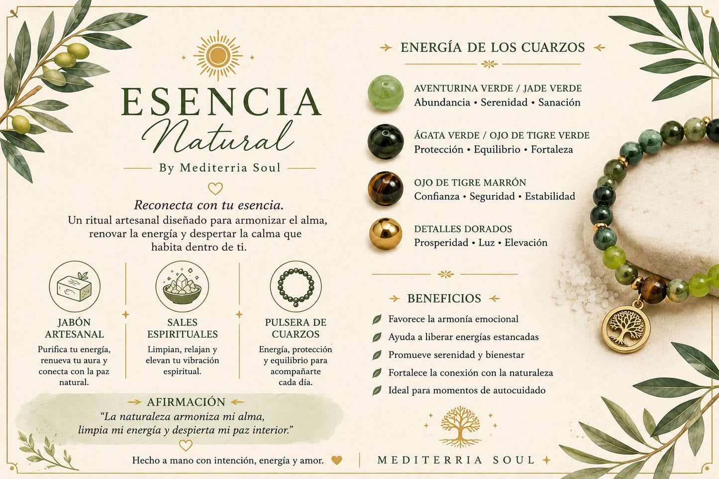 Esencia Natural / Pulsera de Aventurina Verde, Agata Verde y Ojo Tigre 8mm