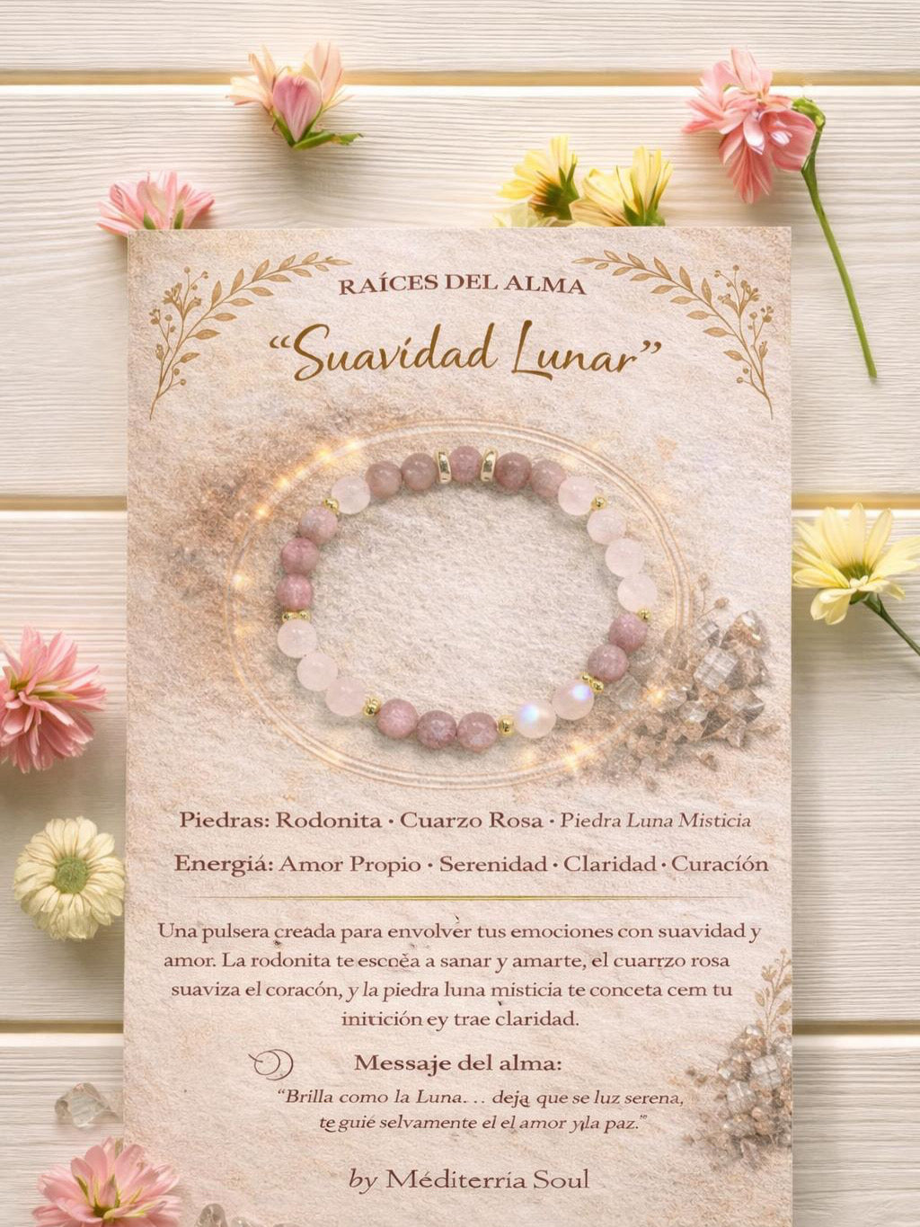 Suavidad Lunar / Pulsera de Rodonita, Cuarzo Rosay Piedra Luna 8mm