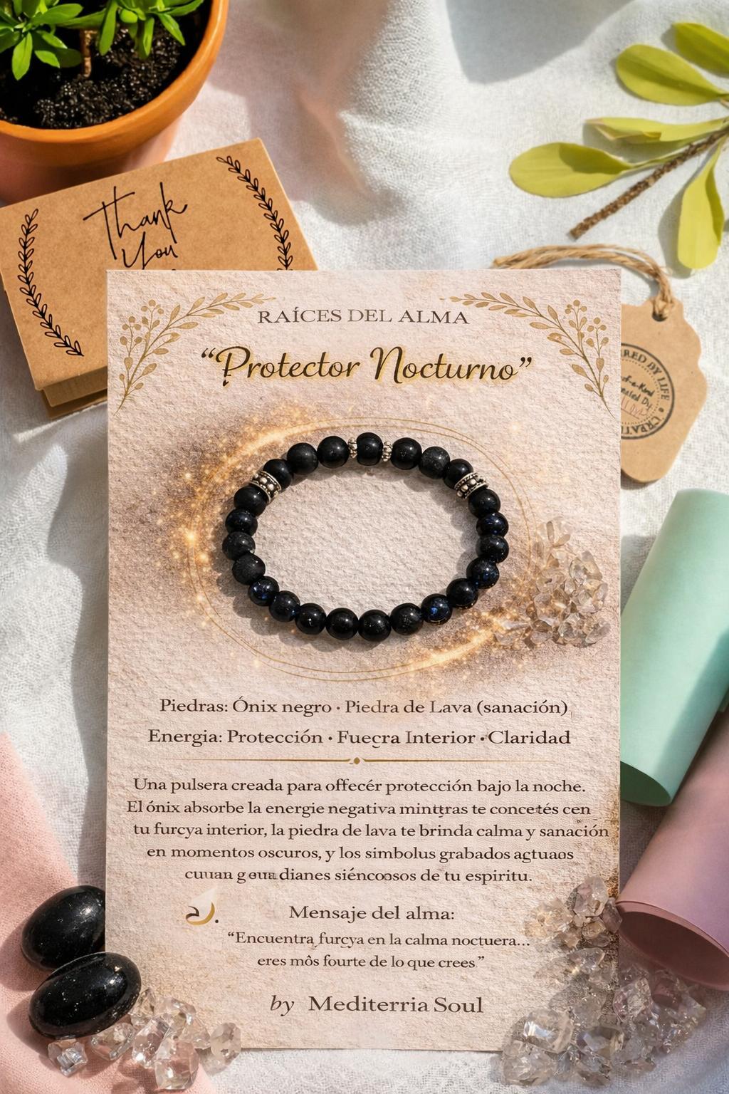 Protector Nocturno / Pulsera de Onix Negro y Piedra Lava 8mm
