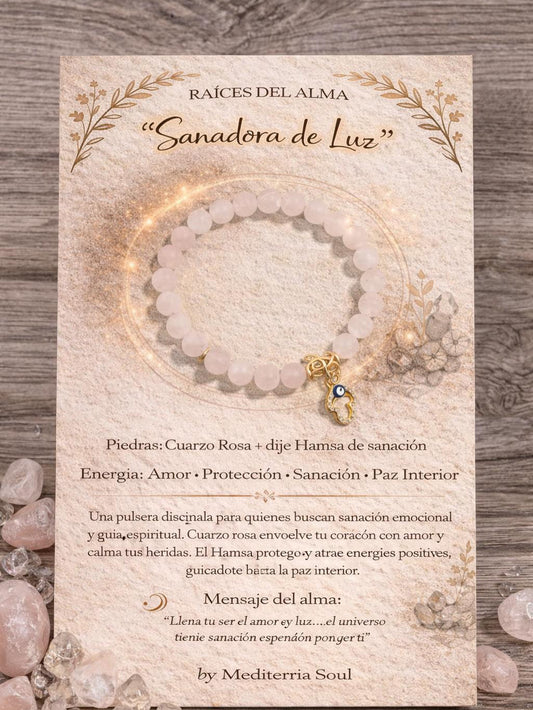 Sanadora de Luz / Pulsera de Cuarzo Rosa y Hamsa 8mm