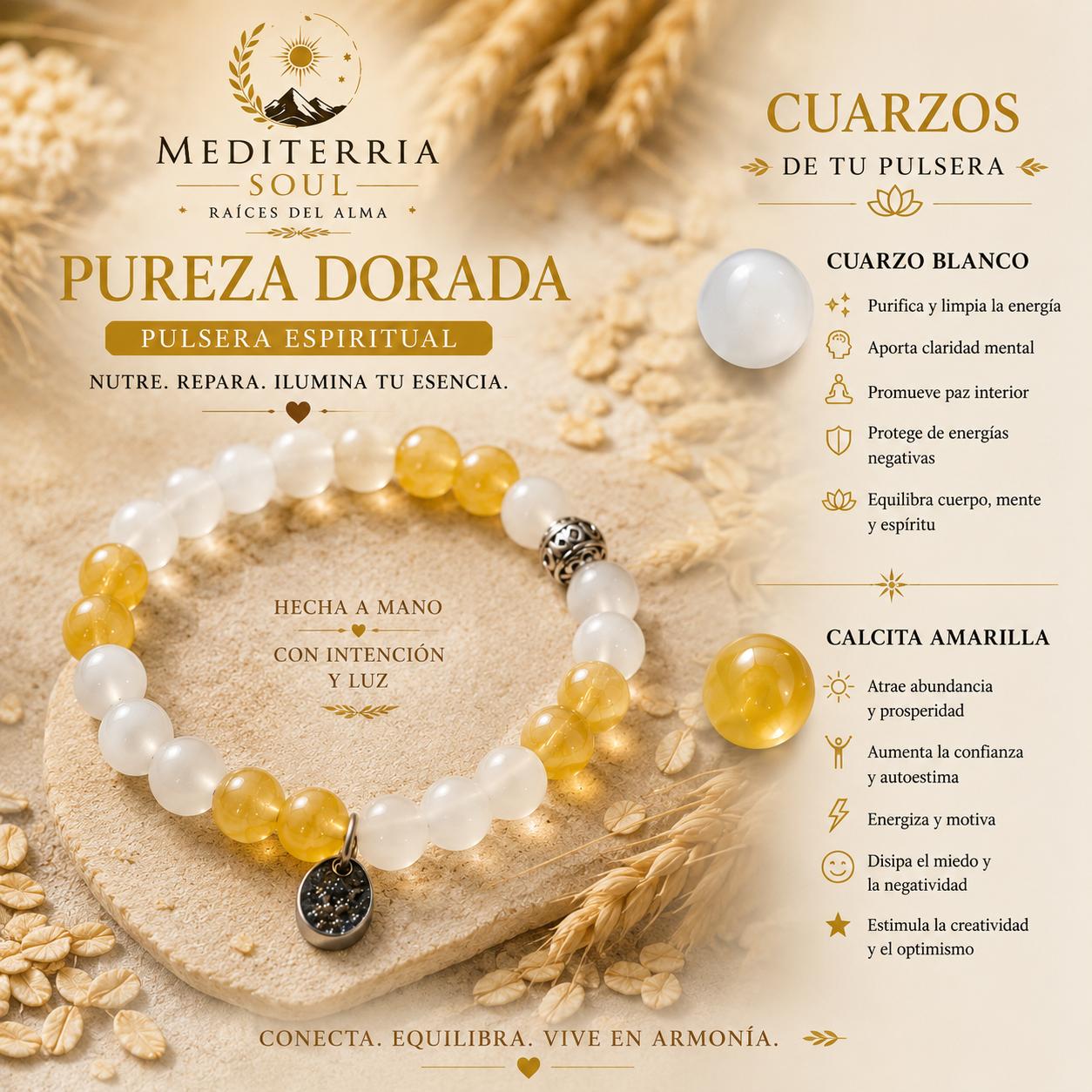 Pureza Dorada / Pulsera de Cuarzo Blanco y Calcita Amarilla 8mm