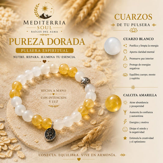 Pureza Dorada / Pulsera de Cuarzo Blanco y Calcita Amarilla 8mm