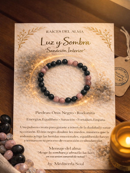 Luz y Sombra / Pulsera de Onix Negro y Rodonita 8mm