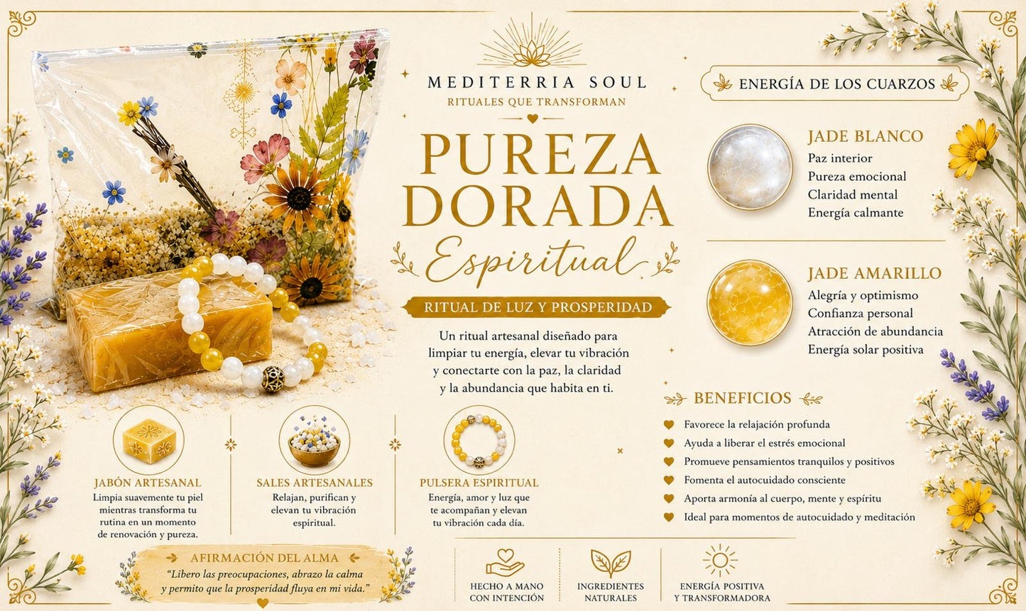 Kit Premium Pureza Dorada / Pulsera 8mm + Jabon 8 oz + Sal Artesanal 8 oz