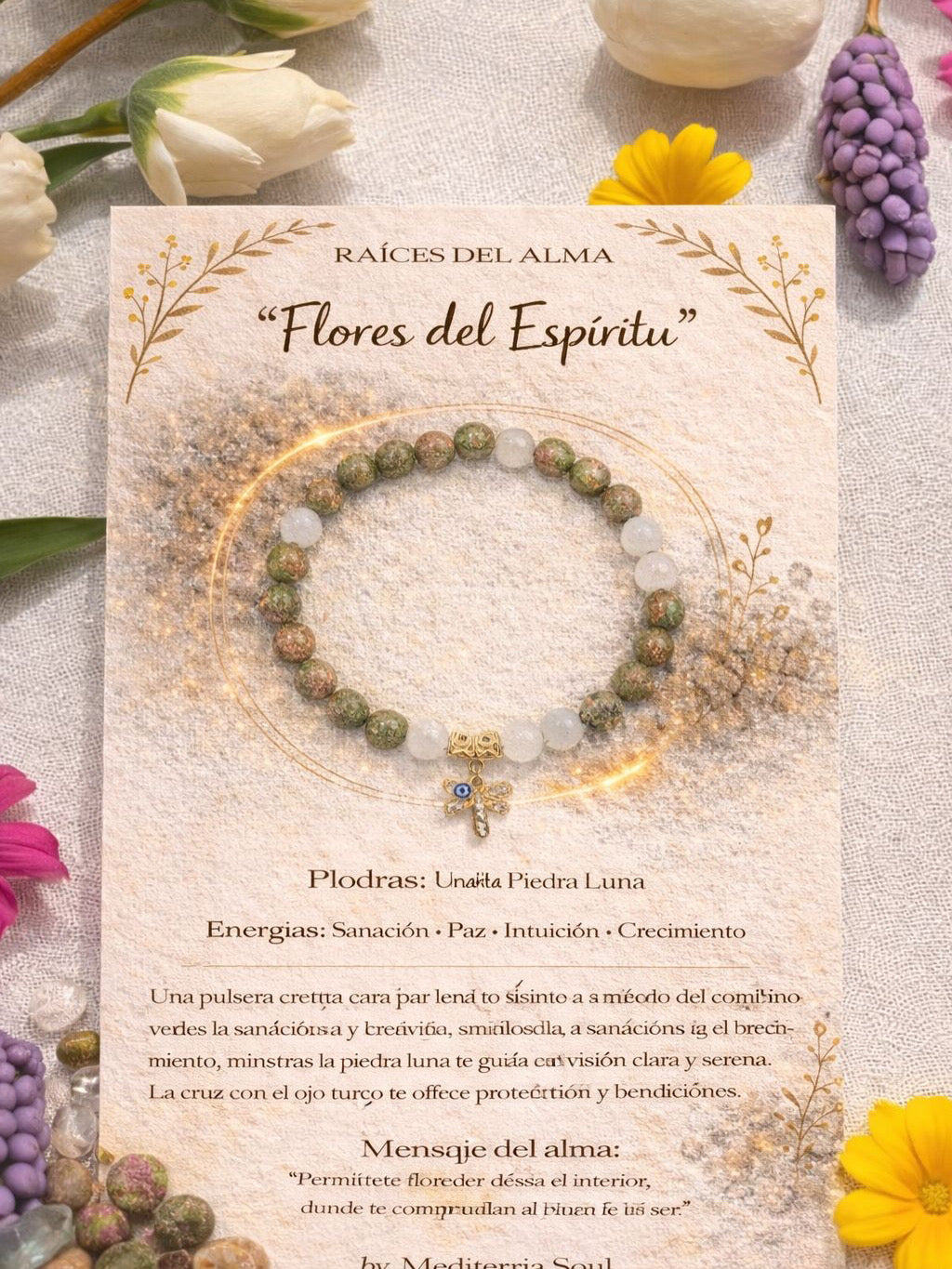 Flores del Espiritu / Pulsera de Unakita y Piedra Luna 8mm