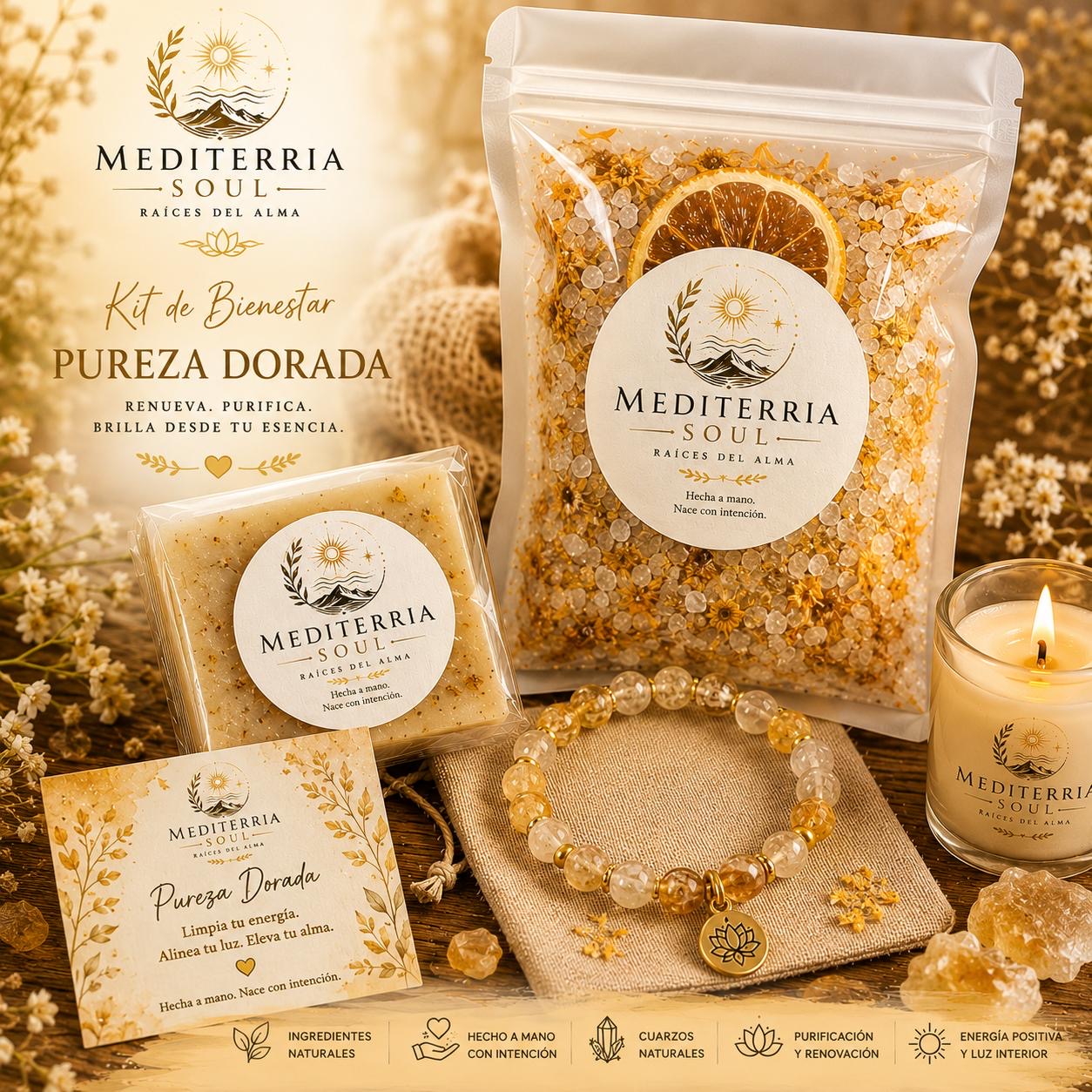 Kit Premium Pureza Dorada / Pulsera 8mm + Jabon 8 oz + Sal Artesanal 8 oz