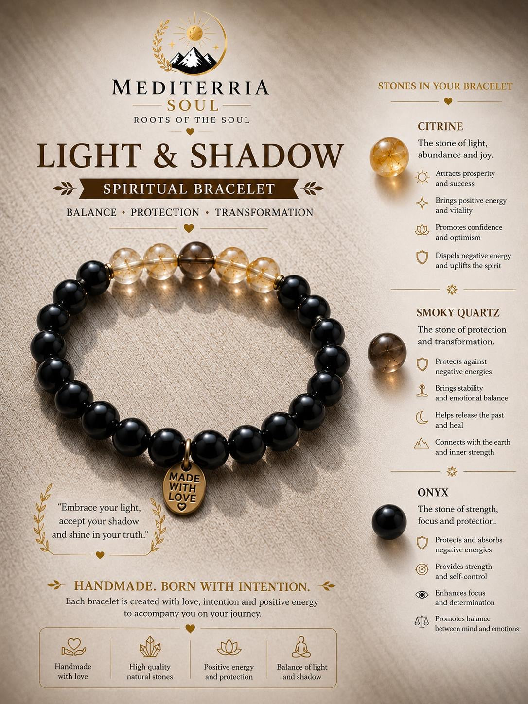 Luz y Sombra / Pulsera de Onix, Citrino y Ojo de Tigre 8mm