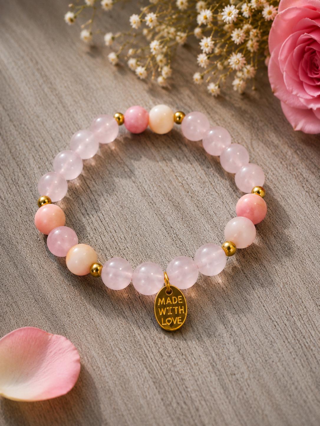 Aura Suave / Pulsera de Cuarzo Rosado y Opalo Rosado 8mm