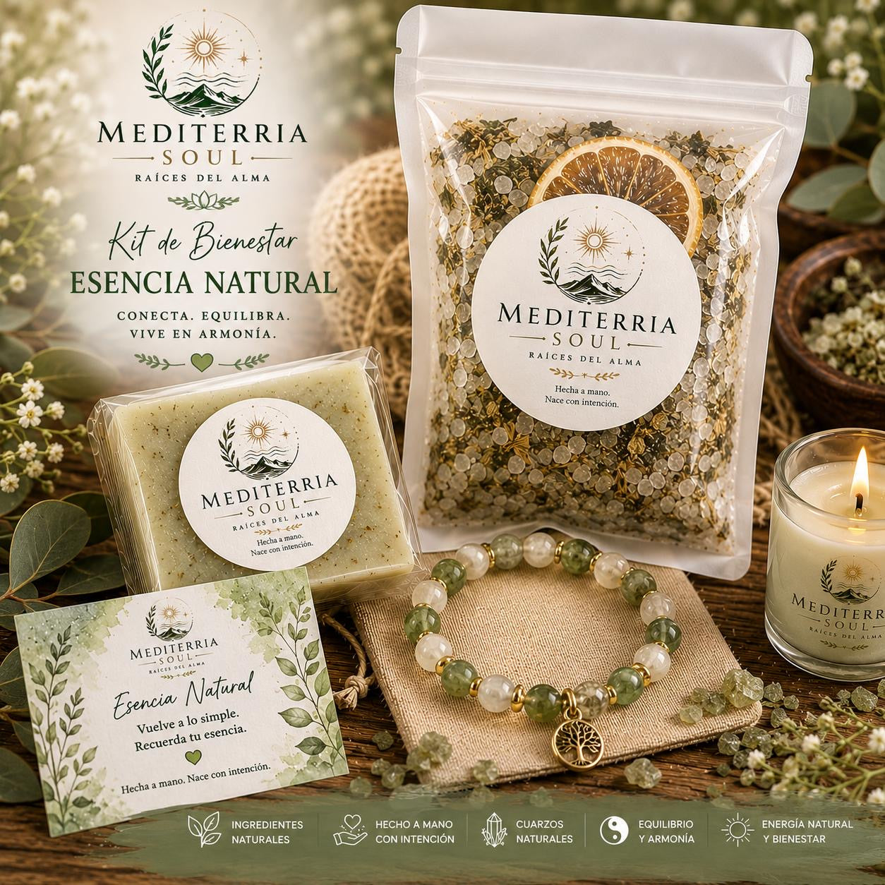 Kit Esencia Natural / Pulsera 8mm + Jabon 8oz + Sales Artesanales 8 oz