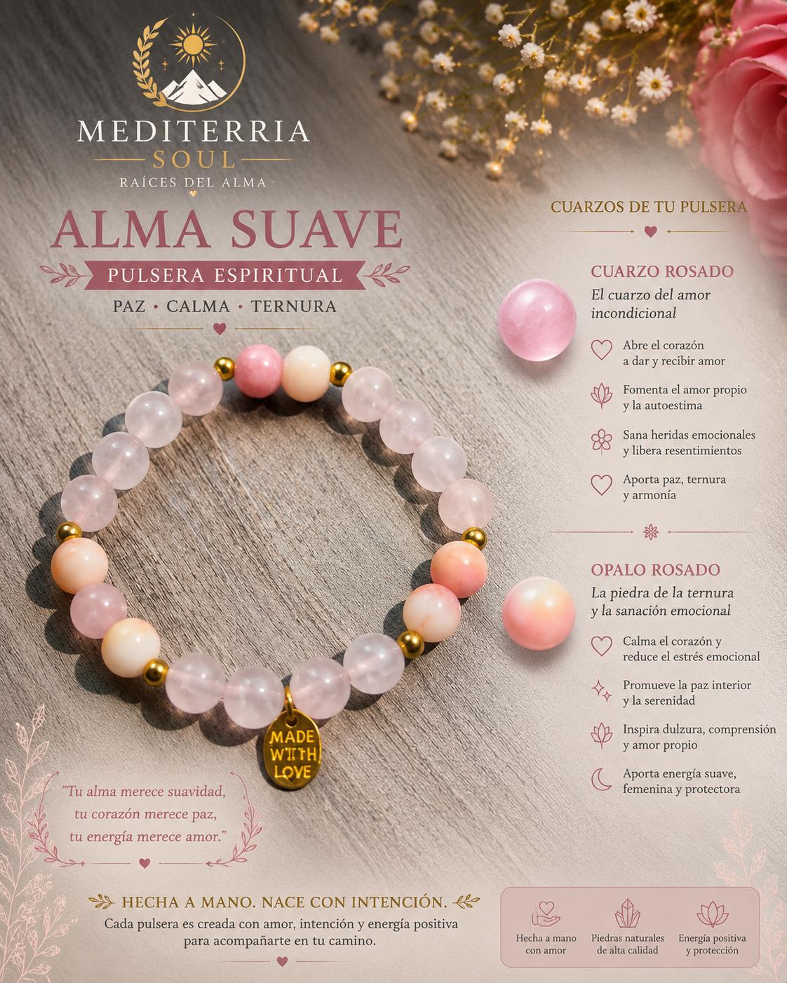 Aura Suave / Pulsera de Cuarzo Rosado y Opalo Rosado 8mm