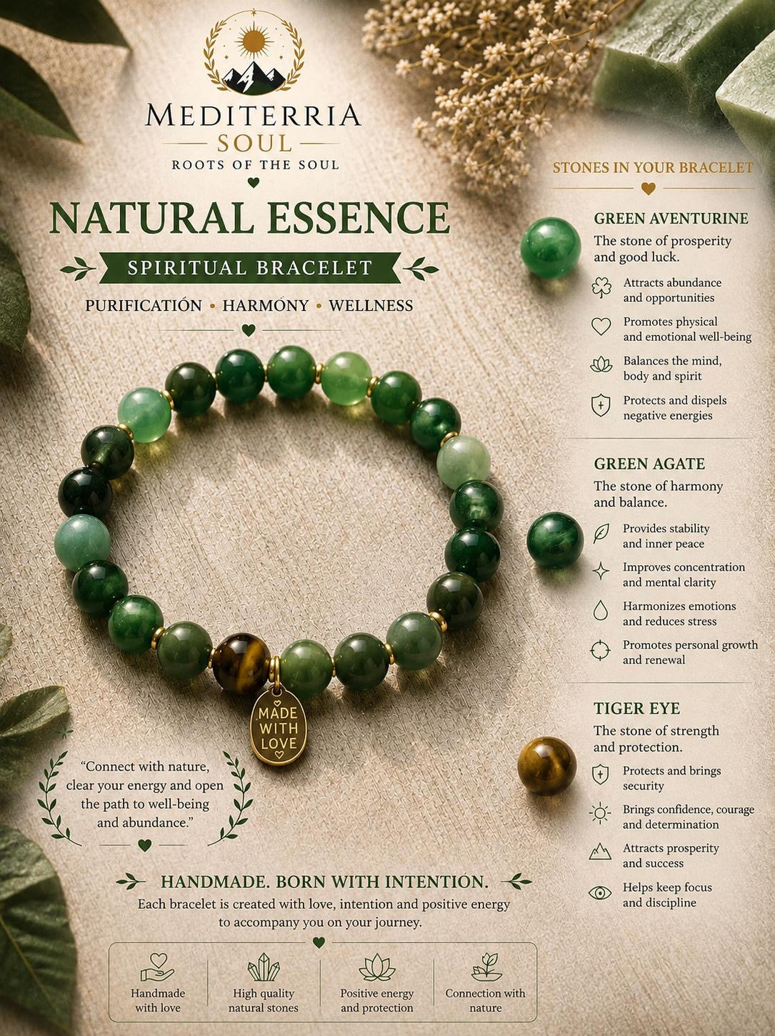 Esencia Natural / Pulsera de Aventurina Verde, Agata Verde y Ojo Tigre 8mm